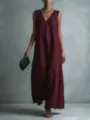 Women's sleeveless V-neck maxi dress, elegant solid color long dress for casual wear. - S / Burgundy