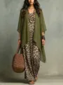 Leopard print slip dress and olive green chiffon cardigan two-piece set, detailed view. - S / Set / Dark Green / Leopard Print