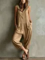 Sleeveless hooded harem jumpsuit for women, casual loose drawstring streetwear summer apparel. - S / Khaki