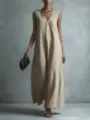Close-up detail of beige V-neck sleeveless maxi dress, showcasing soft texture and drape. - S / Khaki