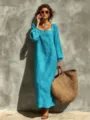 Langarm einfarbig Maxikleid, französischer Retro-Stil lässiges langes Kleid für Damen. - S / Himmelblau