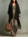 Leopard print maxi dress with black sheer cardigan set, stylish resort wear for women detail view. - S / Set / Black/Leopard Print