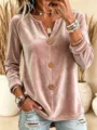 Women velvet V-neck long sleeve top with buttons, casual elegant autumn fashion blouse. - Pink