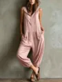 Ärmelloser Kapuzen-Jumpsuit mit Frontknöpfen, Kordelzug in der Taille und Bündchen. - Rosa