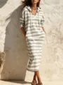 Casual gestreepte midi jurk met capuchon en V-hals voor dames, comfortabele sweaterjurk. - S / Dresses / Grijs