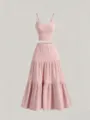 Vista detallada del conjunto rosa de dos piezas para mujer con top acanalado y falda larga. - S / Top Y Pantalón / Rosa
