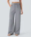 Casual broek met hoge taille, verstelbaar trekkoord, steekzakken en comfortabele wide leg. - S / Grijs