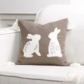 Brown Easter rabbit throw pillow cover with white tufted embroidery and corner tassels. - 45x45cm / Coffee