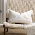 Easter decorative linen pillowcase with white plush rabbit applique and corner tassels beige. - Running Bowknot Rabbit / 30x50cm / Beige