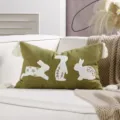 Green Easter throw pillow cover with cute tufted white rabbits and corner tassels, spring decor - 30x50cm / Green