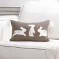 Brown linen throw pillow cover with white tufted Easter rabbit embroidery and cute corner tassels. - 30x50cm / Coffee