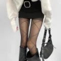 Detailed view of women retro glitter diamond pattern sheer tights, slim leg shaping pantyhose. - One Size / Black