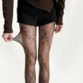 Detail view of retro floral lace fishnet tights, sexy hollow jacquard pantyhose for women. - One Size / Coffee