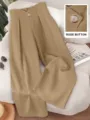 Casual wide-leg trousers for women featuring a chic high waist and stylish metal button detail. - S / Khaki