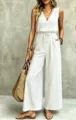 Estate donna bianco senza maniche scollo V coulisse gamba larga lunga tuta outfit - Taglia S / Bianco