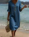 Casual denim dress with V-neck, large buttons, and charming ruffle sleeves for summer. - 3XL / Dresses / Denim Blue