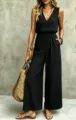 Dettagli della comoda tuta lunga estiva casual nera con scollo a V e coulisse in vita. - Taglia S / Nero
