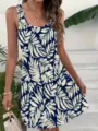 Detailed view of women's sleeveless tropical leaf print mini dress in navy blue, casual. - Dark Blue