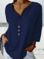 Close-up detail view of the casual notch neck long sleeve button shirt in solid navy blue. - S / Dark Blue
