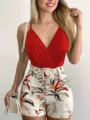 Chic summer casual sleeveless red top and floral print high waist shorts set for women - S / Top And Bottom / Red