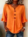 Orange cotton linen V-neck blouse with big buttons and ruffled sleeves for women detail. - 3XL / Tops / Orange