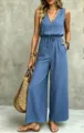 Tuta lunga estiva casual con scollo a V senza maniche e coulisse da donna, elegante e comoda. - Taglia S / Celeste