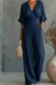 Women Summer Casual V-Neck Jumpsuit Solid Color High Waist Wide Leg Long Pants Outfit. - S / Navy Blue