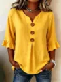 Women cotton linen V-neck blouse with large wooden buttons and ruffled sleeves casual top - 3XL / Tops / Yellow