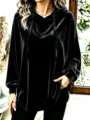 Women's black velvet oversized hooded sweatshirt, casual long sleeve drawstring pullover top. - S / Black