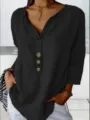 Casual black long sleeve blouse featuring notch v-neck and stylish wooden buttons for daily wear. - S / Black