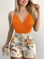 Summer casual orange V-neck wrap vest and botanical print high waist shorts belt set. - S / Top And Bottom / Orange Red