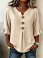 Close-up detail view of women casual V-neck button front blouse featuring stylish ruffle sleeves. - 3XL / Tops / Light Khaki