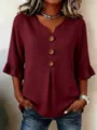 Women casual burgundy v-neck blouse with large wooden buttons and ruffle sleeves top. - 3XL / Tops / Burgundy
