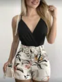 Women black V-neck camisole and white botanical print high-waist shorts set with belt. - S / Top And Bottom / Black