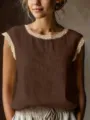 Close-up view showing the vintage lace-trim round neck sleeveless linen top detail. - Dark Brown