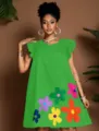 Casual green floral print crewneck short sleeve summer mini dress for women daily wear - S / Green