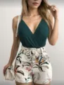 Women V-neck camisole and botanical print shorts set with belt variant green white - S / Top And Bottom / Malachite green