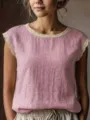 Vintage lace trim crewneck linen sleeveless top, casual solid color summer blouse detail. - Pink