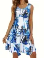 Blue and white palm tree print sleeveless A-line summer casual dress for women daily wear. - S / Blue