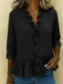 Black cotton linen ruffle V-neck long sleeve blouse top detailed view, casual chic daily wear for women. - S / Black