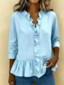 Femme chemisier bleu clair col V volanté manches longues coton lin haut élégant chemise - Bleu ciel