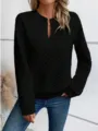 Women black quilted long sleeve sweatshirt casual split v neck pullover top for autumn fashion. - Black
