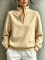 Women casual half-zip long-sleeve sweatshirt solid color fashion everyday pullover top - S / Tops / Apricot