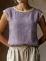 Vintage women linen sleeveless top with delicate lace trim casual summer blouse trendy style - Purple