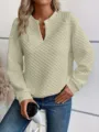 Women casual V-neck long sleeve quilted pullover solid color stylish daily wear top - Off White