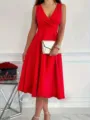 Elegant red sleeveless v-neck midi dress for women, fashion evening party casual wear. - S / Red
