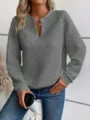 Womens solid V-neck long sleeve quilted sweatshirt, casual autumn pullover top for daily wear. - S / Lead