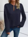 Stylish women long sleeve quilted sweatshirt casual solid color v-neck pullover top - Navy Blue