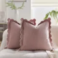 Federa per cuscino in velluto rosa con bordo smerlato, morbida per divano e soggiorno. - Bordo a mezzaluna rosa chiaro