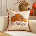 Fodera per cuscino ricamata con zucche autunnali e bordo pompon arancione per divano soggiorno - 45*45 (Senza Nucleo per Cuscino) / 4 Cuscini quadrati con bordo a pompon a zucca